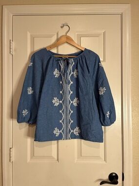 St. John's Bay Blue Peasant Top with White Floral Embroidery
